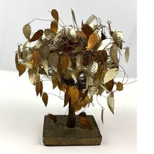 VTG Gold Silver Leaf Metal Wire Sculpture 7" Tree Mid Century Modern Art Decor‎